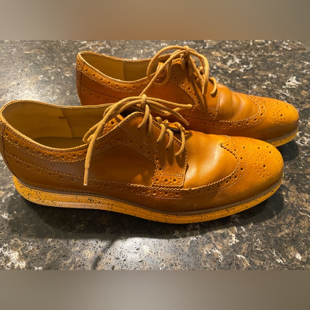 Cole Haan mens 12 leather shoes wingtip Lunarlon brown top orange sole